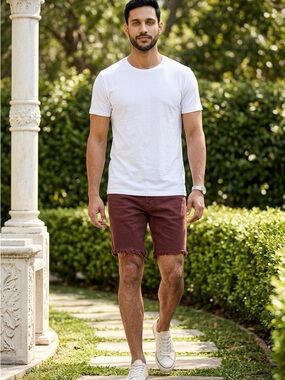 NWT One Teaspoon Man X Men's Maroon Mr Pinks Relaxed Frayed Hem Shorts - Size 36